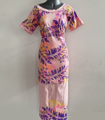Elegant pink puletasi with vibrant purple and pink block prints, made in Samoa.