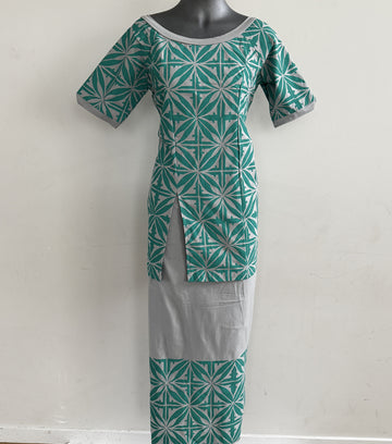 Elegant turquoise on gray block-printed puletasi, made in Samoa.