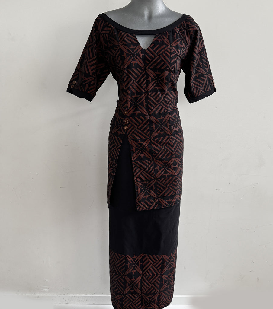 Elegant brown on black block-printed puletasi, made in Samoa.