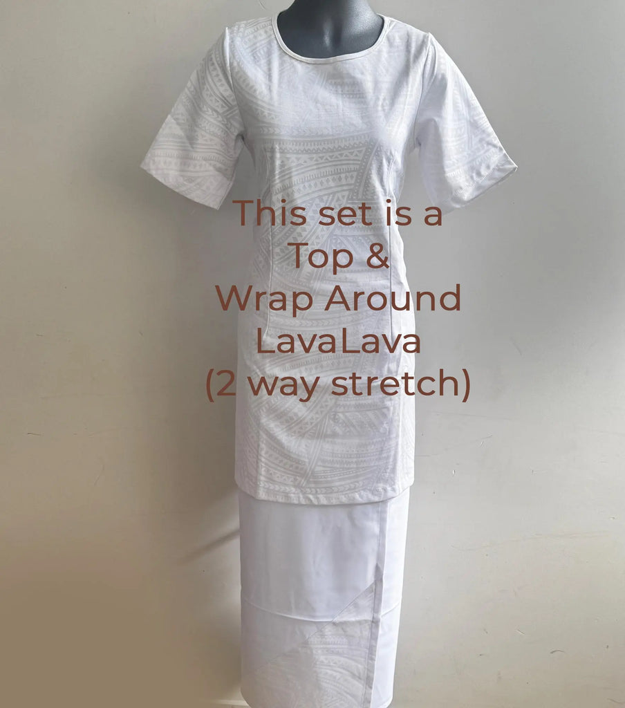 Elegant white puletasi with Pacific patterns — modest, comfortable, and perfect for cultural events or special occasions.