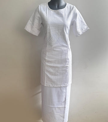 Elegant white puletasi featuring traditional Pacific-inspired patterns, perfect for cultural events, church, or special occasions. Comfortable, modest, and beautifully designed to celebrate heritage with grace.